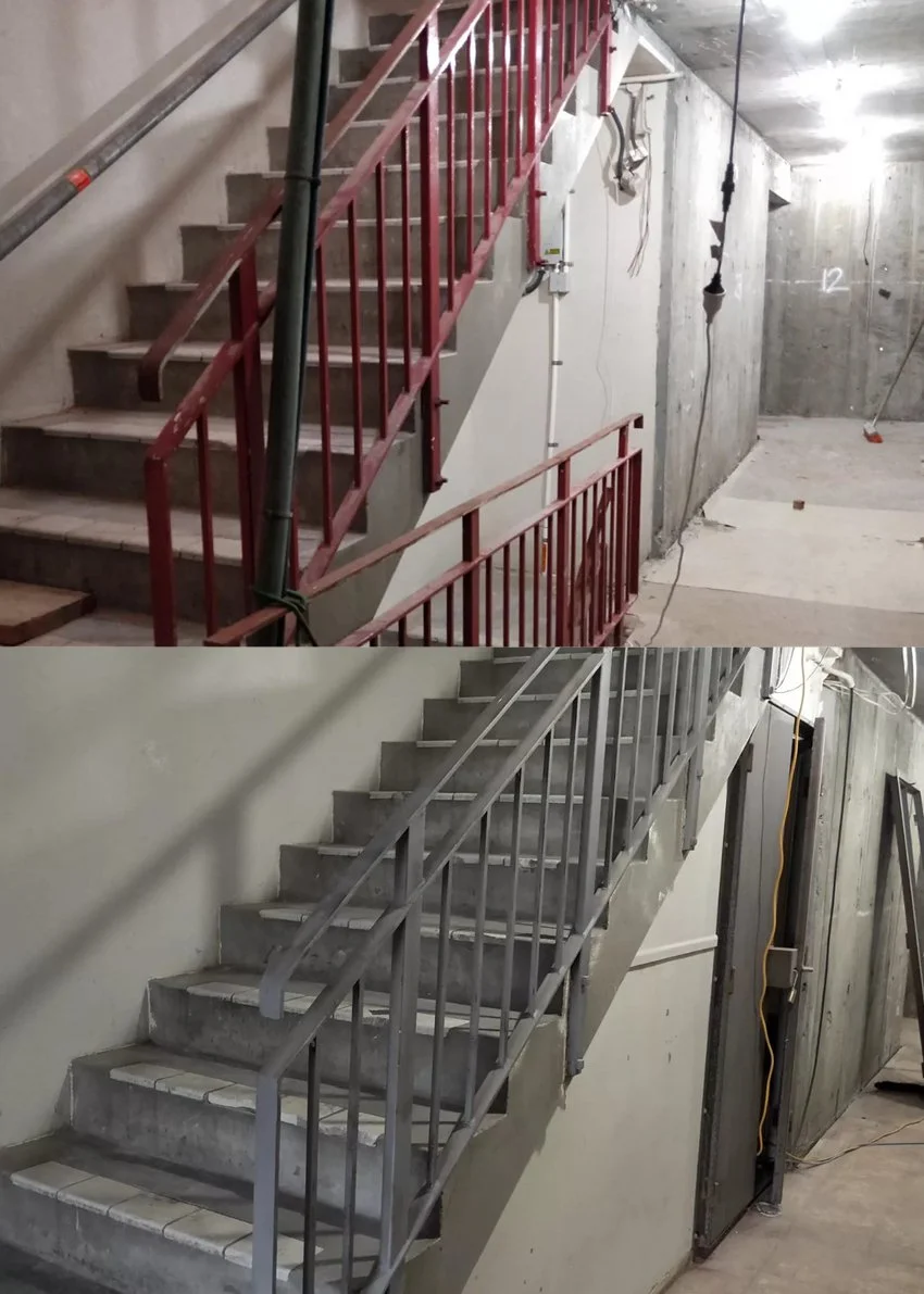 Paint removal from a concrete stairwell.